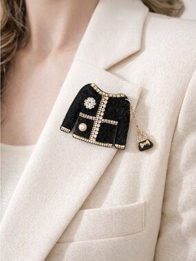 Tweed Jacket Brooch Rhinestone Pearl Designer Inspired Pin